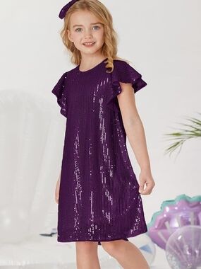 Grace Karin Girl Sequin Flutter  Sleeve Flare Dress w/ Hairbow Size 10 NWT